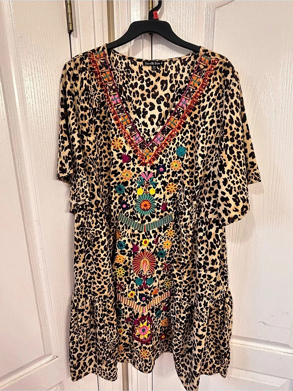 Seen Be Seen Leopard Print Embroidered Mini Dress Size 2X Like New